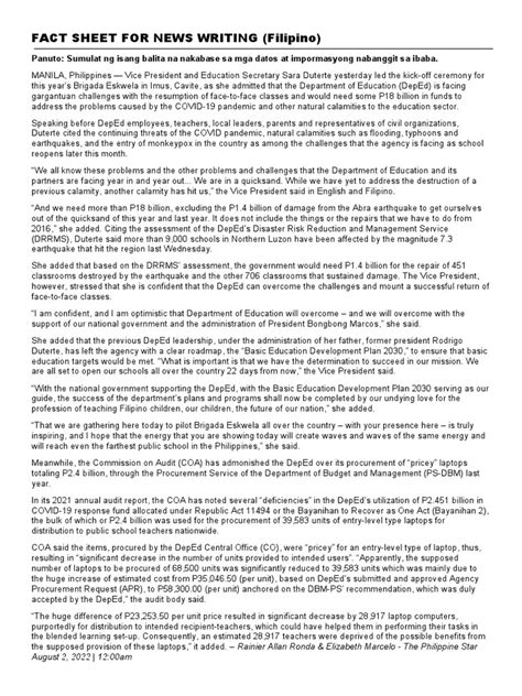 fact sheets for news writing|Fact Sheets For News Writing English Filipino .